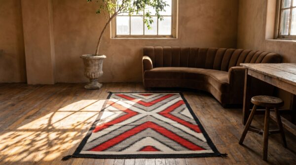 Bold tribal geometric antique flatweave native american navajo rug 7 Bold tribal geometric antique flatweave native american navajo rug (sku 19604) - room view