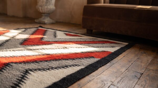 Bold tribal geometric antique flatweave native american navajo rug 8 Bold tribal geometric antique flatweave native american navajo rug (sku 19604) - in-room detail