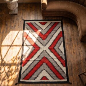 Bold Tribal Geometric Antique Flatweave Native American Navajo Rug (SKU 19604) - styled overhead view