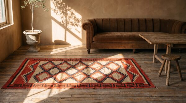 Bold tribal geometric flatweave antique native american navajo rug 6 Bold tribal geometric flatweave antique native american navajo rug (sku 21256) - room view