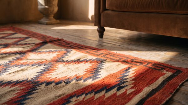 Bold tribal geometric flatweave antique native american navajo rug 7 Bold tribal geometric flatweave antique native american navajo rug (sku 21256) - in-room detail
