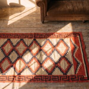 Bold Tribal Geometric Flatweave Antique Native American Navajo Rug (SKU 21256) - styled overhead view