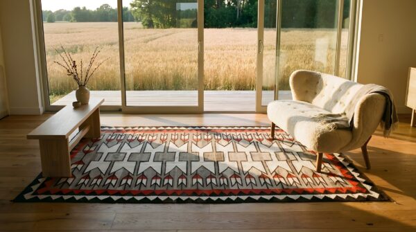 Bold tribal geometric antique flatweave navajo native american area rug 8 Bold tribal geometric antique flatweave navajo native american area rug (sku 25374) - room view