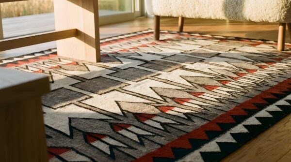 Bold tribal geometric antique flatweave navajo native american area rug 9 Bold tribal geometric antique flatweave navajo native american area rug (sku 25374) - in-room detail