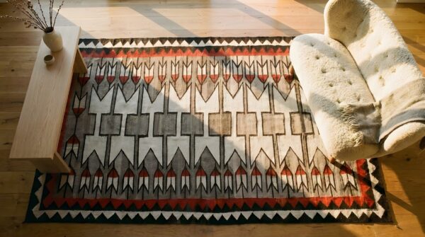 Bold tribal geometric antique flatweave navajo native american area rug 2 Bold tribal geometric antique flatweave navajo native american area rug (sku 25374) - styled overhead view