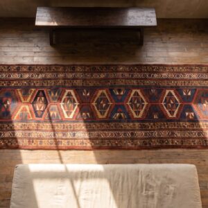 Bold Antique Tribal Geometric NW Persian Kurdish Hallway Runner Rug (SKU 21015) - styled overhead view