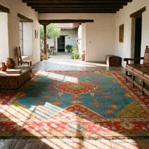 Bold Tribal Antique Light Blue Turkish Hand Knotted Wool Pile Medallion Oushak Rug (SKU 24804) - room view