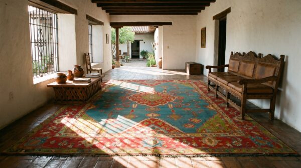 Bold tribal antique light blue turkish hand knotted wool pile medallion oushak rug 10 Bold tribal antique light blue turkish hand knotted wool pile medallion oushak rug (sku 24804) - room view