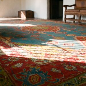 Bold Tribal Antique Light Blue Turkish Hand Knotted Wool Pile Medallion Oushak Rug (SKU 24804) - in-room detail