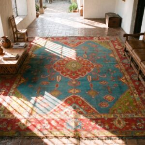 Bold Tribal Antique Light Blue Turkish Hand Knotted Wool Pile Medallion Oushak Rug (SKU 24804) - styled overhead view