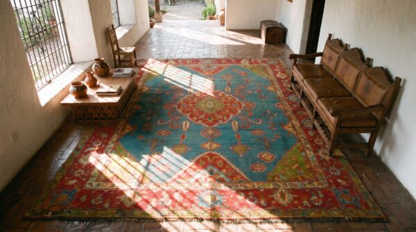 Bold tribal antique light blue turkish hand knotted wool pile medallion oushak rug 2 Bold tribal antique light blue turkish hand knotted wool pile medallion oushak rug (sku 24804) - styled overhead view