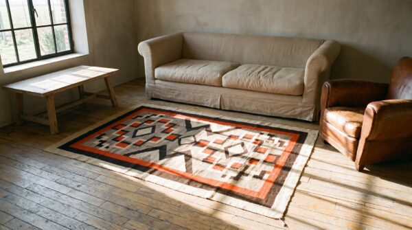 Bold tribal antique native american geometric flatwoven navajo rug 5 Bold tribal antique native american geometric flatwoven navajo rug (sku 21702) - room view