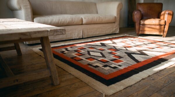 Bold tribal antique native american geometric flatwoven navajo rug 6 Bold tribal antique native american geometric flatwoven navajo rug (sku 21702) - in-room detail