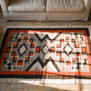 Bold Tribal Antique Native American Geometric Flatwoven Navajo Rug (SKU 21702) - styled overhead view