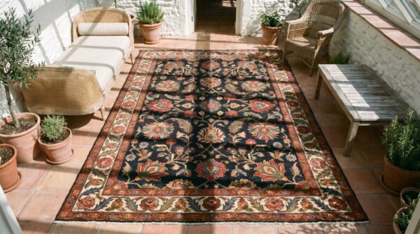 Bold tribal antique hand knotted wool pile oversized persian bakhtiari rug 2 Bold tribal antique hand knotted wool pile oversized persian bakhtiari rug (sku 18455) - styled overhead view