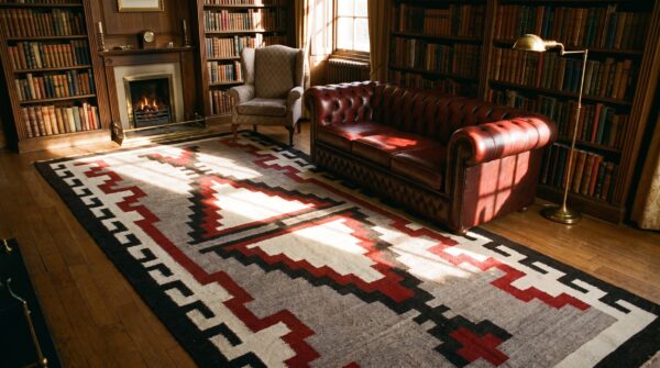 Antique bold tribal pattern native american gray flatwoven navajo rug (sku 24448) - room view