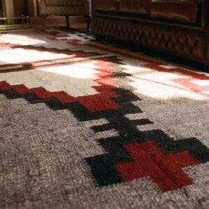 Antique Bold Tribal Pattern Native American Gray Flatwoven Navajo Rug (SKU 24448) - in-room detail