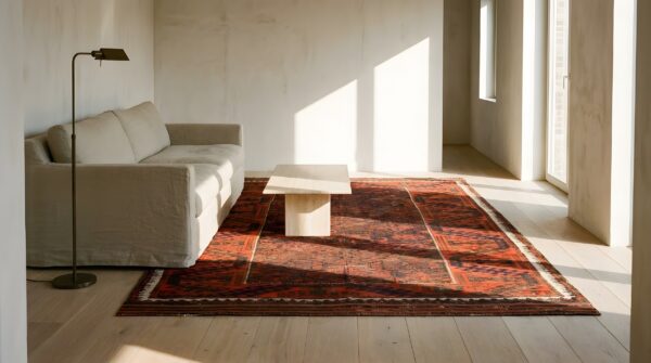 Bold tribal primitive antique persian baluch small scatter size red area rug 10 Bold tribal primitive antique persian baluch small scatter size red area rug (sku 24356) - room view