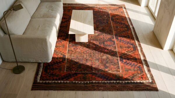 Bold tribal primitive antique persian baluch small scatter size red area rug 11 Bold tribal primitive antique persian baluch small scatter size red area rug (sku 24356) - in-room detail