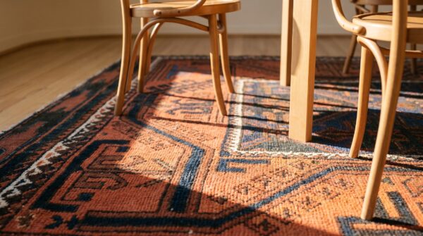Bold tribal antique small scatter size persian baluch area rug (sku 21646) - in-room detail