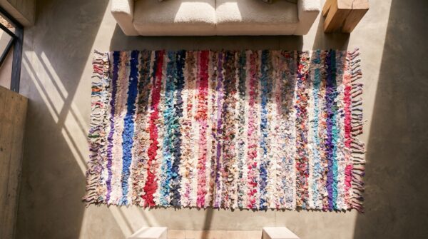 Antique boucherouitte allover geometric hand knotted pile rug 2 Antique boucherouitte allover geometric hand knotted pile rug (sku 22446) - styled overhead view