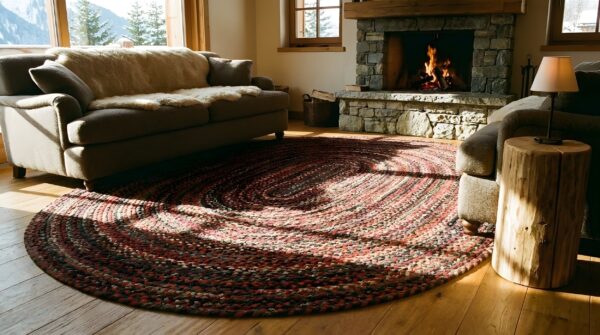 Antique braided american allover multi 1935 oval rug 2 Antique braided american allover multi 1935 oval rug (sku 24232) - styled overhead view