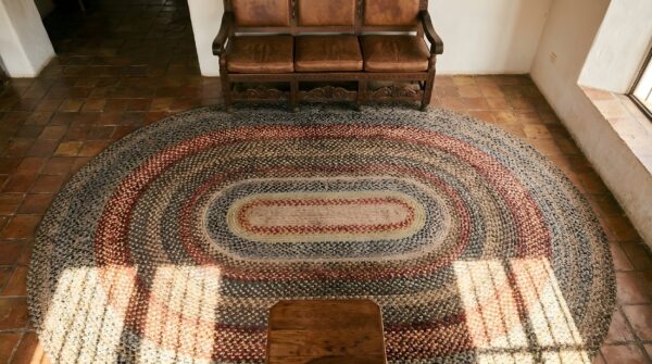 Antique braided american allover oval rug 2 Antique braided american allover oval rug (sku 24952) - styled overhead view