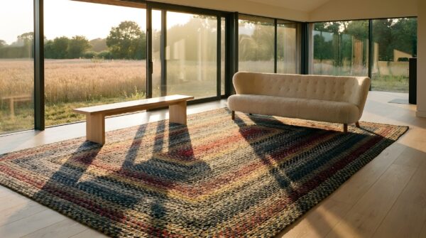 Antique braided american allover knotted round rug 2 Antique braided american allover knotted round rug (sku 23988) - styled overhead view