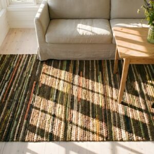 Antique Braided American Brown Striped Hallway Runner Rug (SKU 25685) - styled overhead view