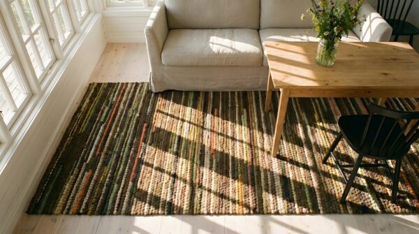 Antique braided american brown striped hallway runner rug 2 Antique braided american brown striped hallway runner rug (sku 25685) - styled overhead view