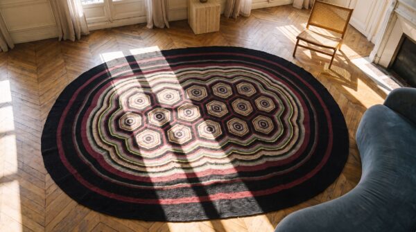Antique braided american flat weave oval rug (sku 17350) - styled overhead view