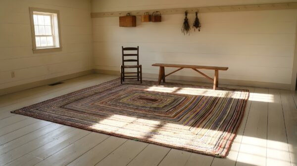 Antique braided american geometric flat weave square rug (sku 24381) - room view