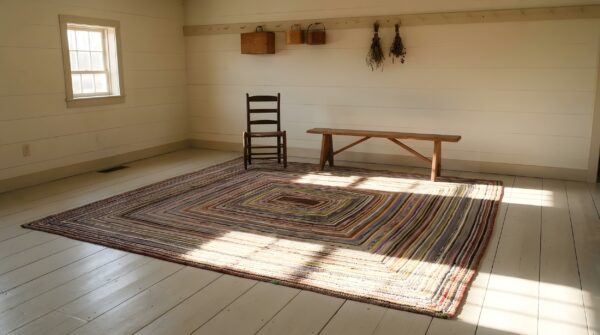 Antique braided american geometric flat weave square rug (sku 24381) - in-room detail