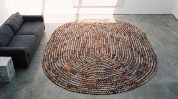 Antique braided american multicolor oval rug - 1930s 2 Antique braided american multicolor oval rug - 1930s (sku 21320) - styled overhead view
