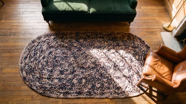 Antique braided oval small scatter size wool multicolor rug 2 Antique braided oval small scatter size wool multicolor rug (sku 20608) - styled overhead view
