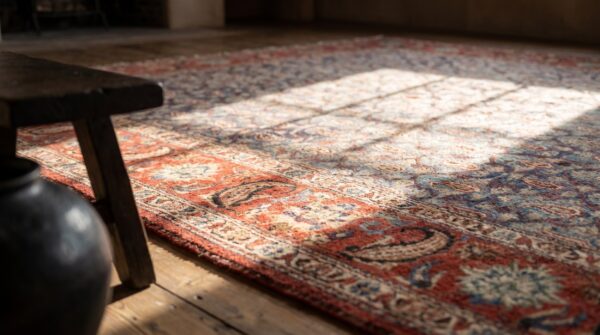 Breathtaking light sky blue color antique paisley pattern persian bakhtiari rug (sku 18930) - in-room detail