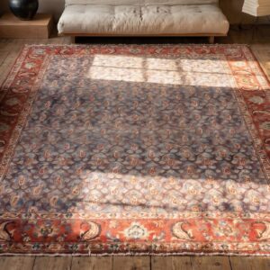 Breathtaking Light Sky Blue Color Antique Paisley Pattern Persian Bakhtiari Rug (SKU 18930) - styled overhead view
