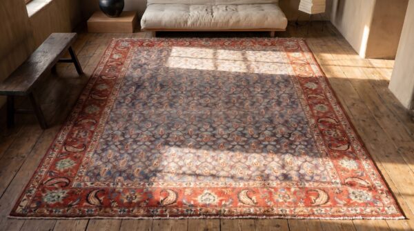 Breathtaking light sky blue color antique paisley pattern persian bakhtiari rug (sku 18930) - styled overhead view