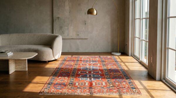 Bright bold red antique tribal geometric caucasian shirvan rug 9 Bright bold red antique tribal geometric caucasian shirvan rug (sku 18730) - room view