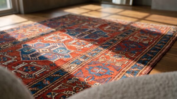 Bright bold red antique tribal geometric caucasian shirvan rug 10 Bright bold red antique tribal geometric caucasian shirvan rug (sku 18730) - in-room detail