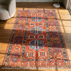 Bright Bold Red Antique Tribal Geometric Caucasian Shirvan Rug (SKU 18730) - styled overhead view