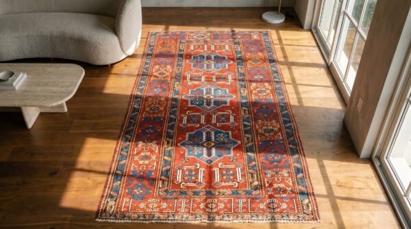 Bright bold red antique tribal geometric caucasian shirvan rug 2 Bright bold red antique tribal geometric caucasian shirvan rug (sku 18730) - styled overhead view