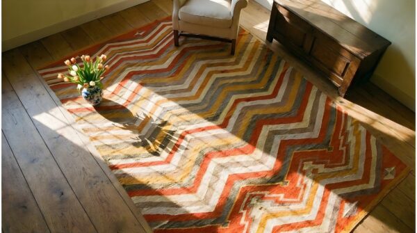 Bright color chevron design antique 1880s native american navajo rug 2 Bright color chevron design antique 1880s native american navajo rug (sku 25601) - styled overhead view