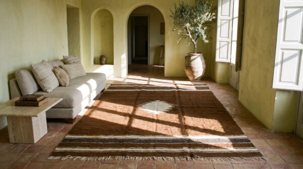 Brown color tribal geometric antique flatweave turkish kilim medallion rug 7 Brown color tribal geometric antique flatweave turkish kilim medallion rug (sku 19141) - room view
