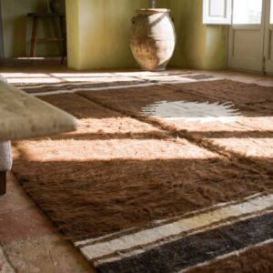 Brown Color Tribal Geometric Antique Flatweave Turkish Kilim Medallion Rug (SKU 19141) - in-room detail