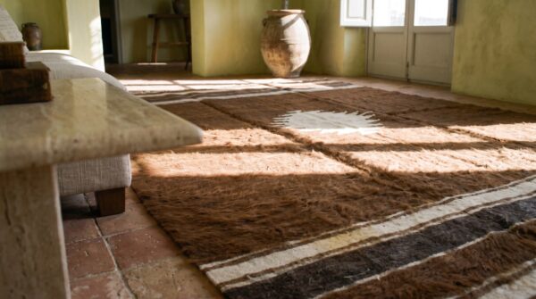 Brown color tribal geometric antique flatweave turkish kilim medallion rug 8 Brown color tribal geometric antique flatweave turkish kilim medallion rug (sku 19141) - in-room detail