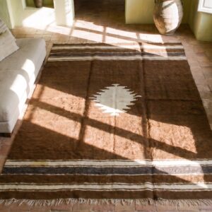 Brown Color Tribal Geometric Antique Flatweave Turkish Kilim Medallion Rug (SKU 19141) - styled overhead view