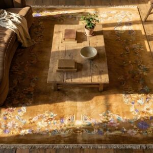 Antique Wool Hand Knotted Pile Brown Earth Tone 1935 Rug (SKU 24979) - styled overhead view