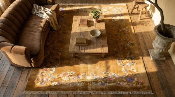 Antique wool hand knotted pile brown earth tone 1935 rug 2 Antique wool hand knotted pile brown earth tone 1935 rug (sku 24979) - styled overhead view