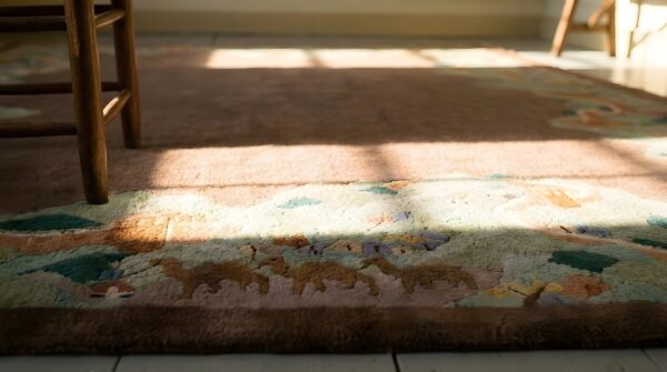 Antique wool brown earth tone hand knotted pile rug (sku 23850) - in-room detail